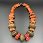 Beautiful Vintage Dyed Coral With Old Vintage Indian Beads Necklace.