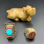 CLD-053, Group of 3 Vintage Handmade Rings & Chinese Jade