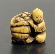 Antique Japanese Figurine Old Asian Man With Basket of Fruit
