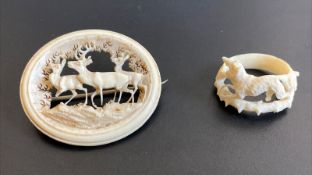 Antique Oval Bone Stag Deer Pin Brooch & Ring Set - Victorian