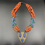 Beautiful Vintage Coral, Lapis Lazuli & Turquoise Beads Necklace.