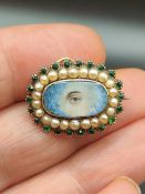 Rare Georgian Gold Lovers Eye Portrait Miniature Pearl / Peridot Pendant Brooch