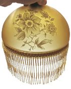 A Vintage French Bespoke Amber Glass Shade With Etched Florals & Beading