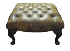 Antique Green Leather Chesterfield Stool Mahogany Queen Anne Legs