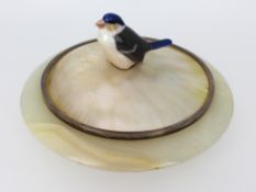 1922 Silver Mounted Alabaster Bowl with Mother of Pearl Lid & Bird Finial