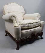 Vintage Upholstered Armchair with Carved Mahogany Legs – For Reupholstery