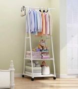 Freestanding Metal Coat Rack with 2 Lower Storage Shelves and on Wheels L25