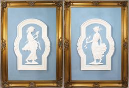 Pair of Monumental British Art Deco Plaster Relief Panels in Gilt Frames, c.1930