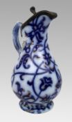 Victorian Flow Blue and Gilded Ceramic Jug with Pewter Lid, England, circa 1850