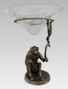 Vintage Silvered Bronze Monkey Centrepiece with Crackle Glass Bowl