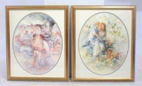 Pair of Oval Prints Mounted & Set In Gilt Frames