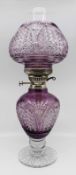 Very Fine English Cut Glass Amethyst Overlay Crystal Oil Lamp