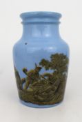 Small Antique Blue Glazed Ceramic Vase with Transfer-Printed Hunting Scene