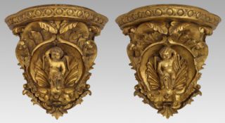 Pair of Italian Baroque Revival Giltwood Wall Brackets with Cherub Motifs