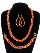 A Braded Necklace, Bracelet & Earrings Set With Carnelian and Natural Pearls