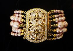 Multi Strand Bracelet With Natural Pink Pearls and Cubic Zirconia
