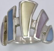 Stunning Vintage Unusual 925 Silver Art Deco Mother of Pearl Set Ring Size P A Stunning Unusual V...