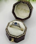 Antique 9ct Gold and Platinum Blue Topaz and Diamond Trilogy Ring Size P 2.10g