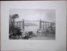 Menai Bridge Bangor Wales WH Bartlett 1842 Antique Steel Engraving-93