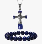 New! 2 Piece Set - Lapis Lazuli Stretchable Bracelet and Cross Pendant With Chain