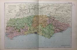 Antique Large Detailed Coloured Map County Sussex GW Bacon 1904.