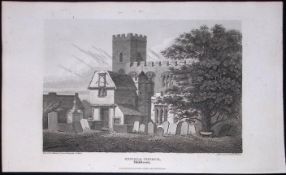 London Enfield Church & Graveyard Antique 200 Years-Old Steel-Engraving-96