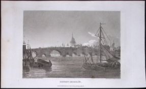 London Bridge From the Thames Antique 200 Years-Old Steel-Engraving-95