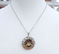 Vintage Sterling Silver 41 Carat Smokey Quartz Pendant Necklace c.1954