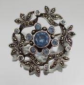 Vintage Silver, Marcasite & Blue Stone Brooch