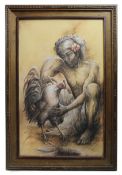 Man & Cockerel By Nyoman Ridi (Indonesian, 1945-)