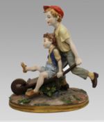 Capodimonte Figurine Boys In Wheelbarrown By Bernacchio