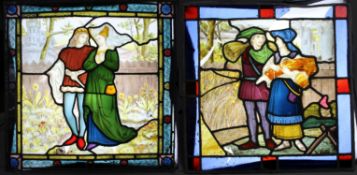 Pair of Antique Painted Stained Glass Panels Gothic Revival, C.1880