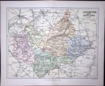 Leicester & Rutland Detailed 1894 Antique Coloured 130 Years-Old Map.