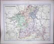 Worcestershire Detailed 1894 Antique Coloured 130 Years-Old Map.