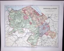 Wales Denbigh & Flint Detailed 1894 Coloured Antique 130 Years-Old Map.