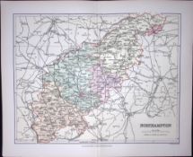 Northamptonshire Detailed 1894 Antique Coloured 130 Years-Old Map.