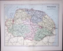 County Norfolk Detailed 1894 Antique Coloured 130 Years-Old Map.