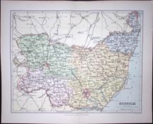 County of Suffolk Detailed 1894 Antique Coloured 130 Years-Old Map.