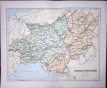 Wales Carmarthenshire Detailed 1894 Coloured Antique 130 Years-Old Map.