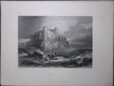 Bambrough Castle View Northumberland WH Bartlett 183 Years-Old Antique Steel Engraving-53