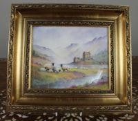 Hand Painted Porcelain Plaque by M.Powell Set in Gilt Frame