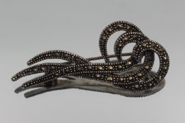 Vintage Silver & Marcasite Brooch – Swirling Art Deco Style Design