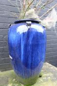 Vintage Blue Glazed Terracotta Planter Urn