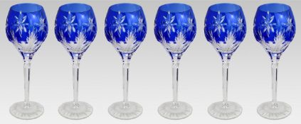 Set of 6 Vintage German Horst Belda Blue Overlay Crystal Wine Glasses