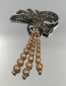 Vintage Silver Marcasite and Pearl Tassel Brooch – Bow Design
