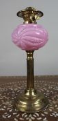 Victorian Brass Oil Lamp with Pink Glass Font, c.1880