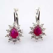 18K White Gold Cluster Earrings, Detailed With Ruby and Brilliant Diamonds