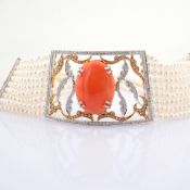 An Exquisite Pearl Chocker Detailed With Coral and Brilliant Diamonds