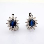 18K White Gold Cluster Earrings Detailed With Sapphire and Brilliant Diamonds