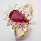 18K Rose Gold Cluster Ring , Detailed With Ruby, Pear and Brilliant Cut Diamonds. Total 2.93 Ct